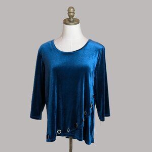 Multiples Artsy Velvet Top Size PM Blue with Rhinestone Grommets Asymmetrical
